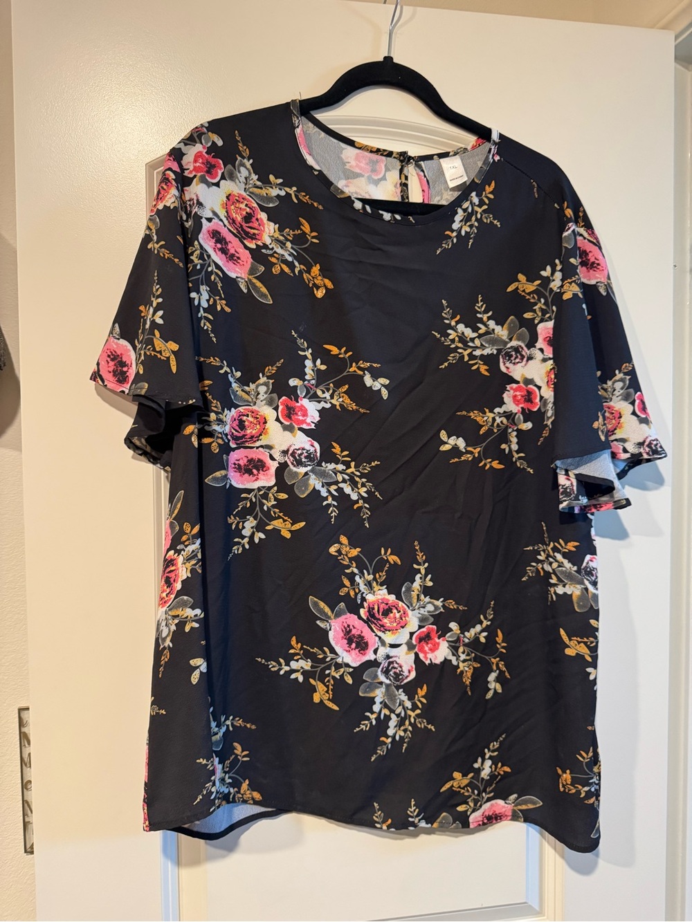 Black Floral Short Sleeve Blouse with Pink Rose Print